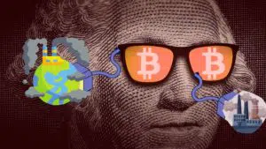 Foto antiga de homem com óculos editado com símbolo do Bitcoin em cada lente, cada uma com um cabo de energia ligado a indústrias poluidoras