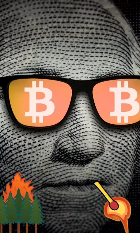 Benjamin Franklin com óculos de sol, na lente b de bitcoin, fosforo aceso na boca e arvores pegando fogo ao lado