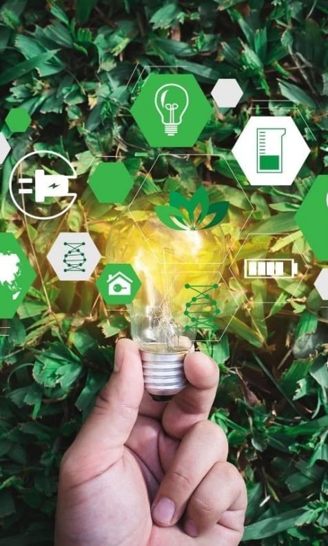 Mão segurando lâmpada acima de várias folhas, com ilustrações de tomadas, DNA, bateria e vários ícones que representam tecnologia