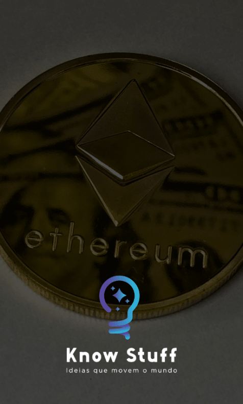 Moeda dourada que representa Ether, refletindo uma nota de dólar