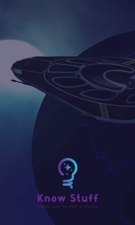 Nava espacial em frente a um sol, com logo da Know Stuff espacial